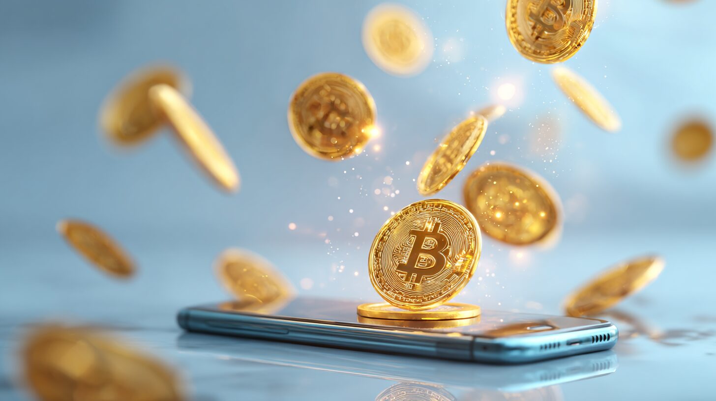 スマートフォンからビットコインが飛び出す様子