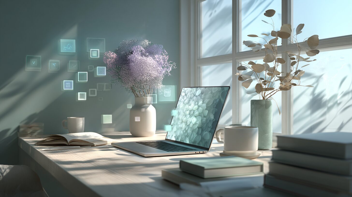 窓辺のテーブルにノートパソコンが置いてある雰囲気