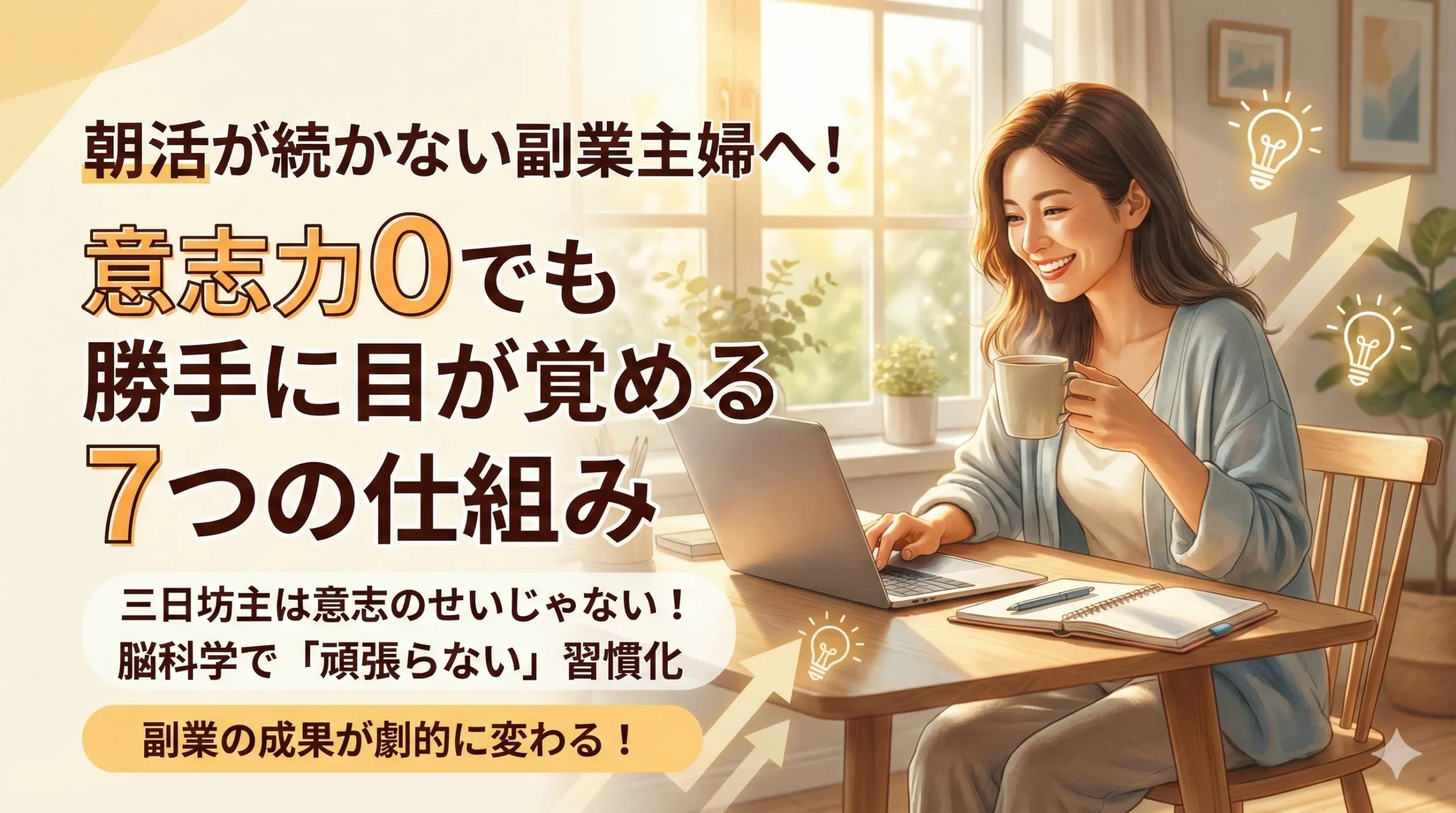 女性がテーブルで副業をする様子 朝活