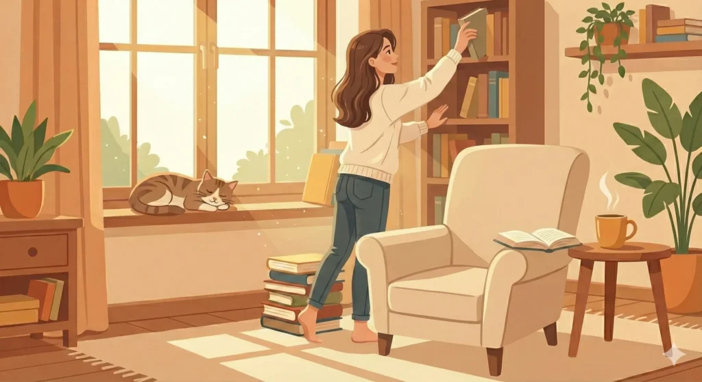 本の整理をしている女性