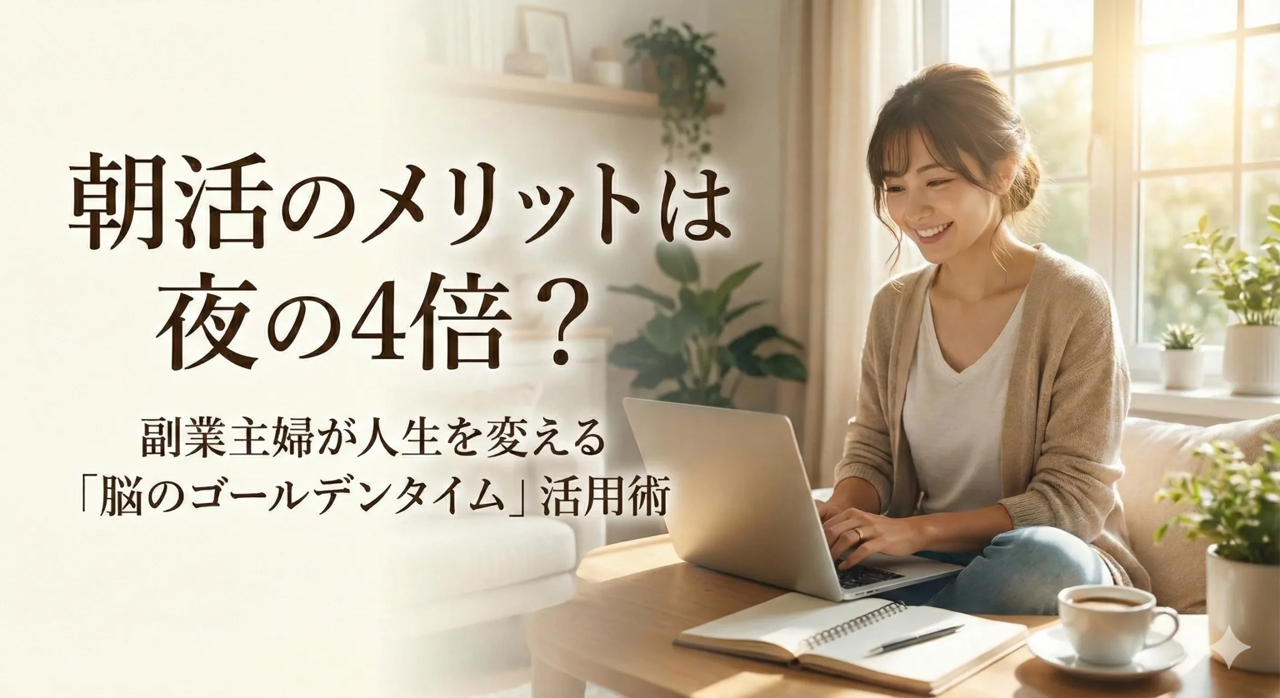 女性が朝日が差し込む部屋で副業している様子