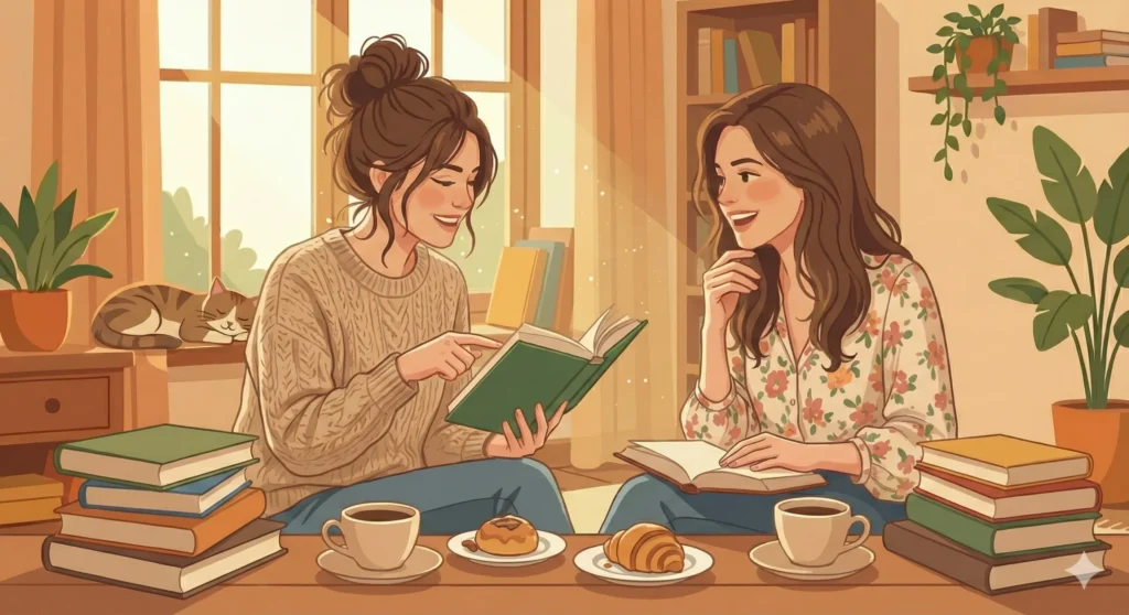 本についてお話ししている女性二人の様子