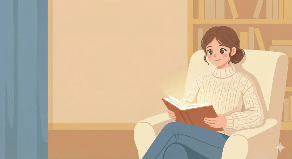 女性が椅子に座って本を読んでいる様子