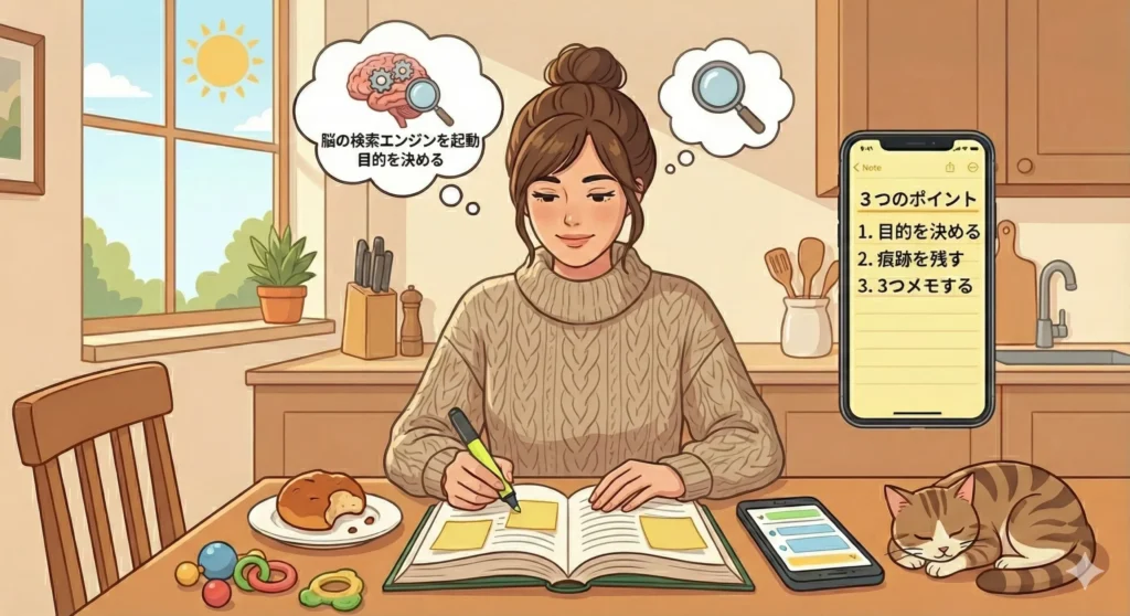 読んだ本をメモしている女性