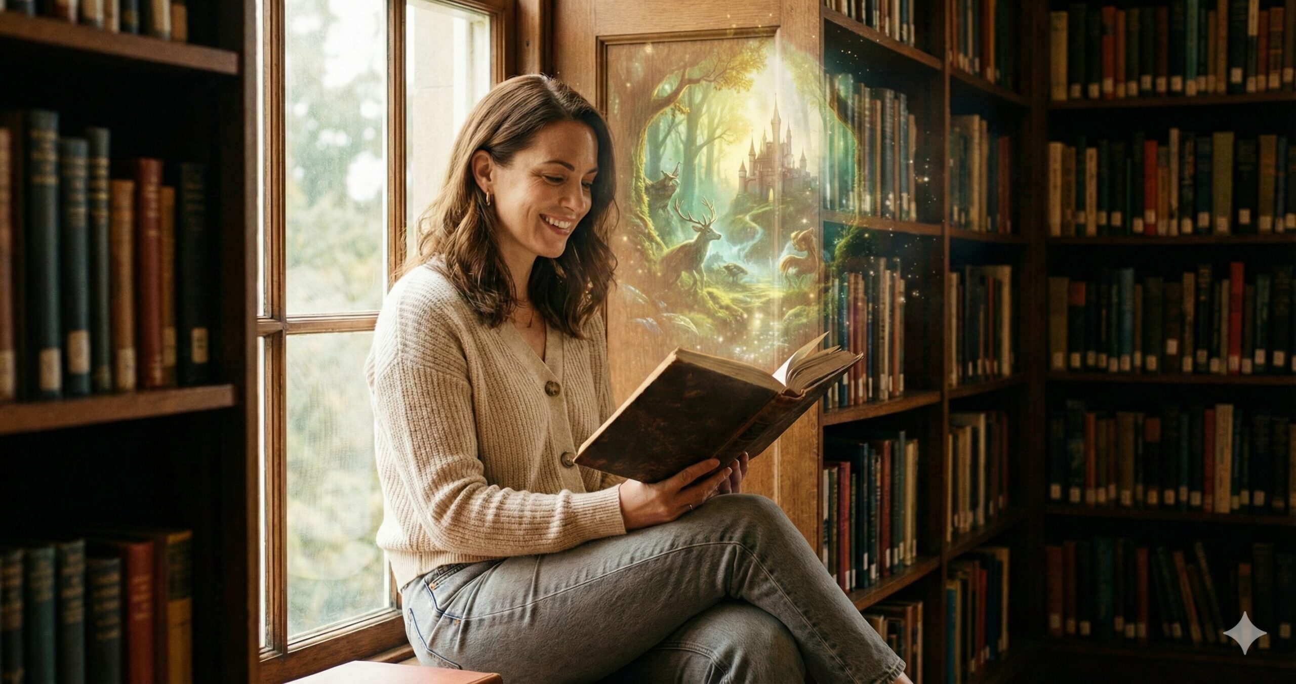 女性が窓辺でリラックスして読書する様子