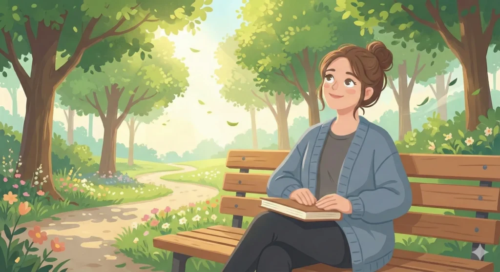 公園で読書を終えた女性の様子