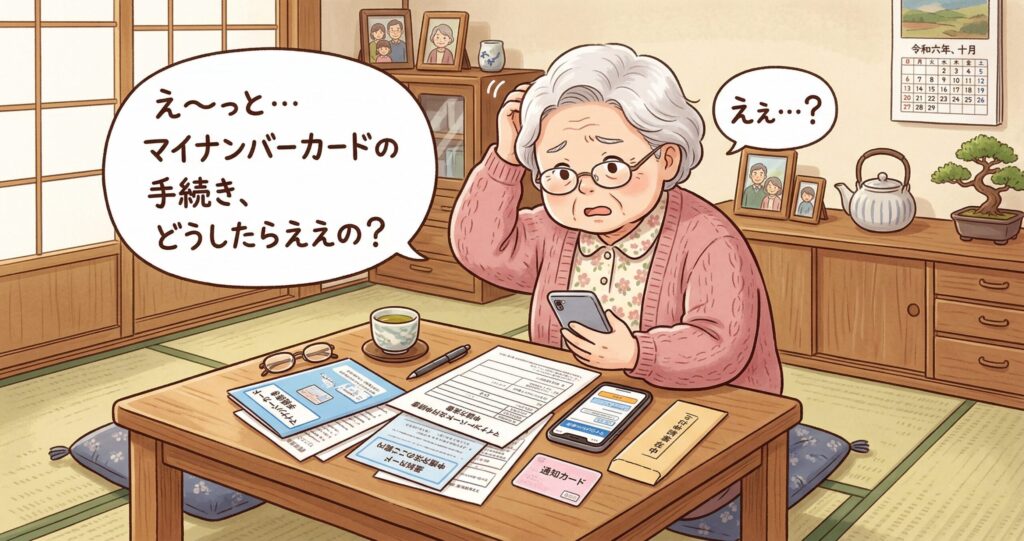 マイナンバーカードの手続きが分からなくて困っているおばあさん