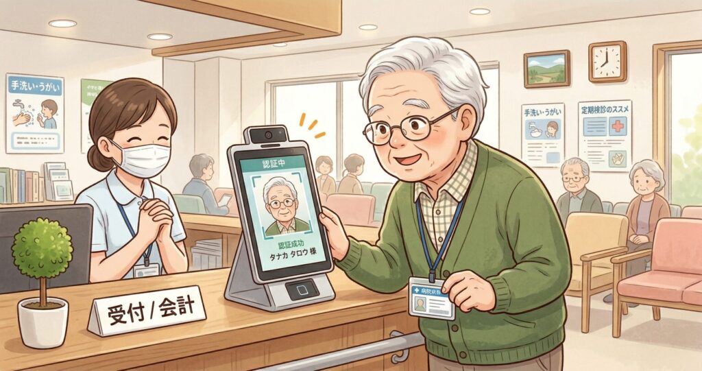 病院の受付で顔認証しているおじいちゃん